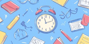 闹钟与学习用品的清新插画