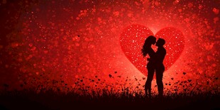 浪漫情侣在红心背景下亲吻