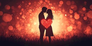 浪漫情侣在梦幻光晕中相拥