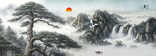 国画迎客松风景画