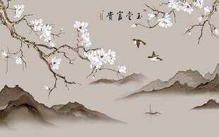 复古玉兰花鸟山水背景墙