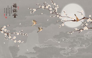 新中式花鸟山水祥云背景墙