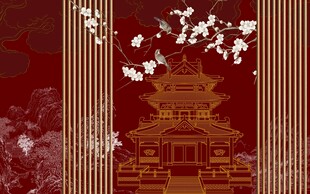 中式古风建筑与花卉图景