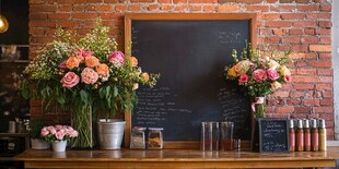 复古吧台的鲜花与黑板布置
