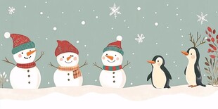 冬日雪人与企鹅欢乐场景