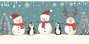 圣诞雪人企鹅欢乐雪景图