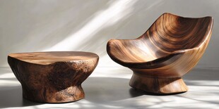 创意实木座椅与圆凳组合