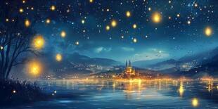 梦幻星空下的湖畔城堡夜景