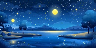 梦幻月夜湖畔风景