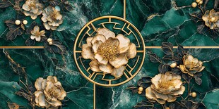 中式金绿花卉大理石纹图案
