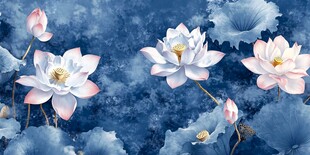 蓝底水墨风荷花绽放图景