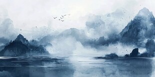 水墨山水间 飞鸟伴云雾
