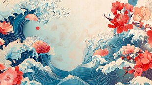 浮世绘风格海浪花卉插画