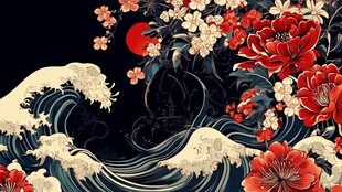 浮世绘风格海浪花卉图