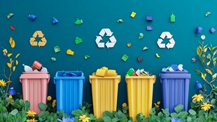 多彩垃圾桶与环保标志场景