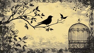 枝头小鸟与空鸟笼剪影