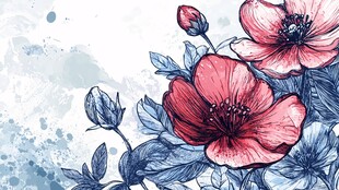 手绘红蓝花卉水彩背景图