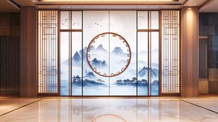 中式山水屏风玄关装饰图
