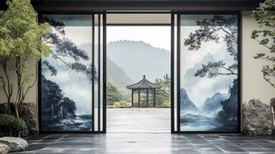 中式庭院 门启山水禅意景