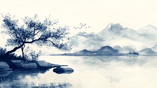 水墨湖畔孤树山水景致