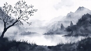 水墨山水湖畔孤树景致