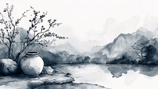 水墨山水间的陶罐与春景