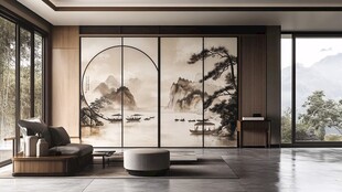 中式雅致客厅山水屏风设计