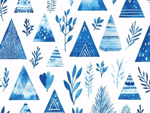 蓝白几何植物无缝图案