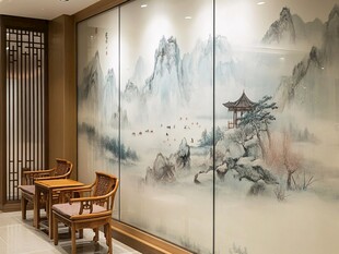 中式山水壁画装饰的客厅