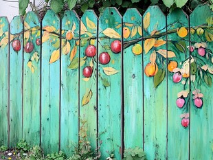 彩绘绿篱上的缤纷水果