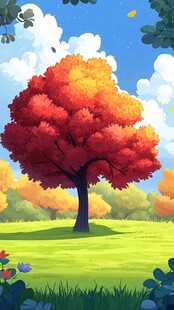 秋日绚丽大树的田园风光