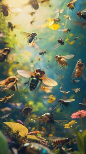 群蜂飞舞于缤纷花草间