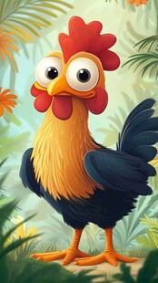 可爱卡通公鸡立于绿植间