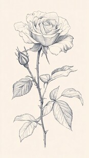 手绘单枝玫瑰植物图