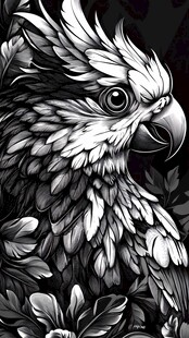 黑白鹦鹉插画 羽毛细节丰富