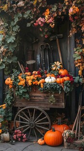 秋日花车 南瓜与缤纷花卉