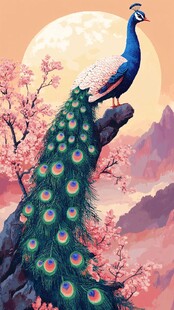 月夜孔雀栖于繁花枝头