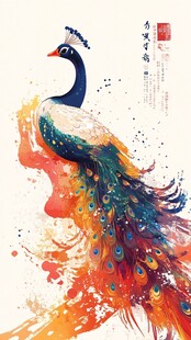水墨风绚丽孔雀艺术插画