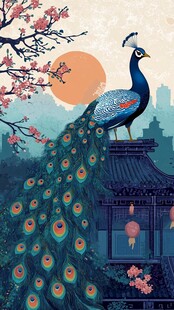 孔雀栖于中式楼阁赏景