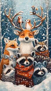 冬日森林里的可爱动物聚会