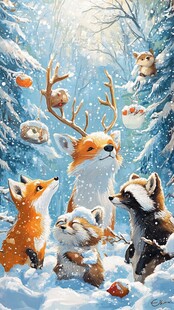 雪林中的可爱动物聚会
