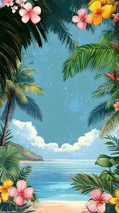 热带海滨风光 繁花与椰林