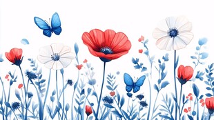 蓝白红花卉与蝴蝶梦幻图景