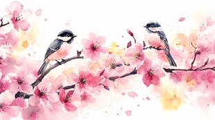 春日双鸟栖于繁花枝头