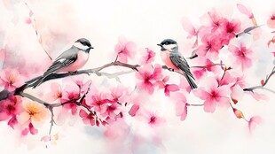 双鸟栖于繁花枝头