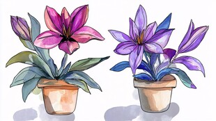 两盆艳丽水彩风盆栽花卉