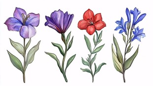 四色花卉水彩插画