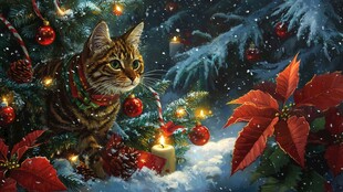 圣诞树下的可爱猫咪