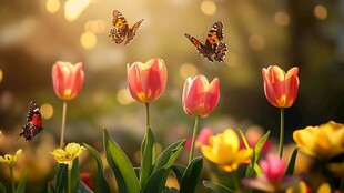 春日花丛中蝶舞郁金香