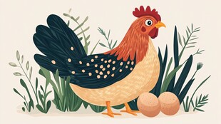 田园风母鸡与鸡蛋插画